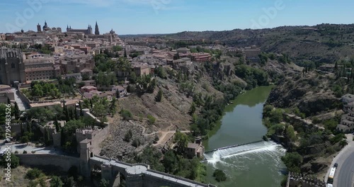 Aerial view of Toledo, a majestic Spanish city, with the Tagus River winding alongside, Spain