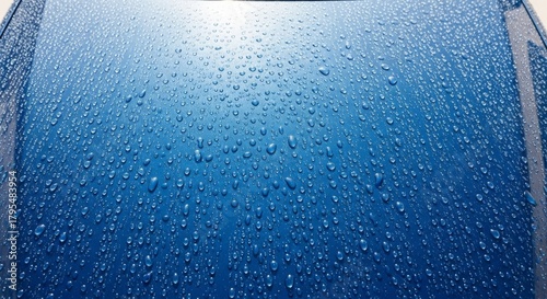 Water droplets beading beautifully on a waxed blue metallic car hood, illustrating surface protection.