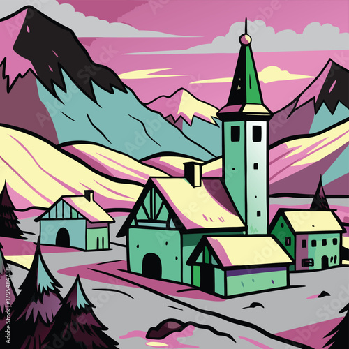Fantasy cartoon vector illustration of an old medieval village town featuring a house, church, and castle tower against the night sky