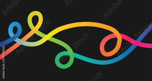 Vibrant rainbow colored ribbon or thread weaving and swirling across a dark black background