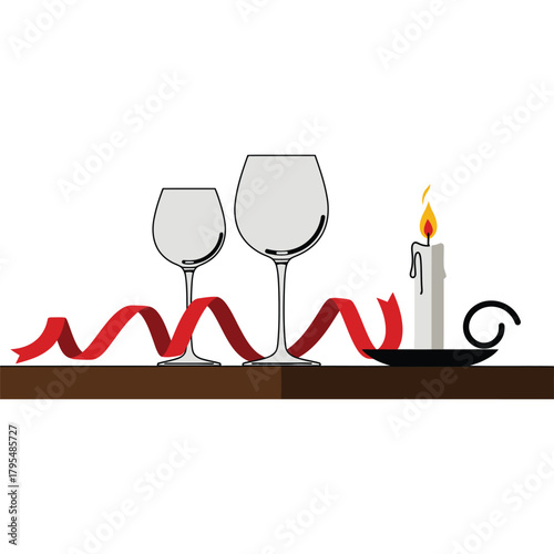 Wine glasses, candle and ribbon on a table illustration red romantic dinner celebration burning flame light