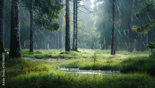 gentle rain falling on a peaceful forest clearing with the soft sound of raindrops adding to the serene calming atmosphere