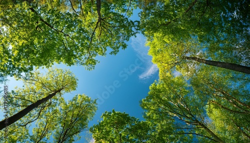 crowns of green trees against the blue summer sky