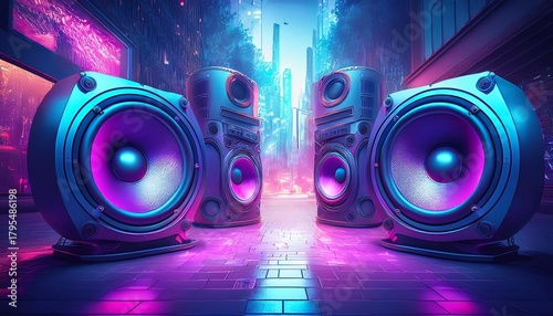 giant speakers on a city street blue and purple colors cyberpunk style urban and loud music concept