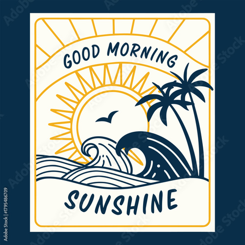 “Good Morning Sunshine” vector greeting featuring sun rays and beach silhouette in a modern flat style. Great for summer prints, social posts and cards.