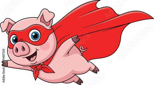 Flying superhero pig cartoon, cute animal character vector, red cape and mask, joyful expression, children’s illustration, cad drawing flat vector illustration