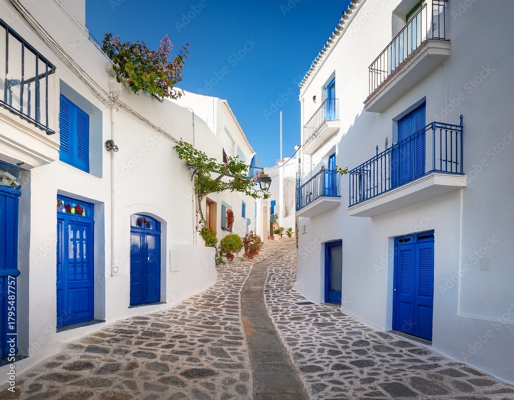 Fototapeta premium stunning white buildings with blue doors lining a picturesque street in a mediterranean village during daylight