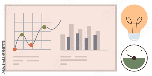 Graph with data points, bar chart, light bulb, and speedometer icon conveying analytics. Ideal for business, strategy, growth, innovation research efficiency performance. Simple flat metaphor