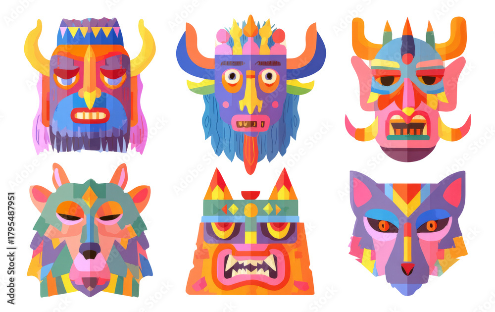 Obraz premium Colorful Mythological Warrior Masks Isolated on Transparent Background