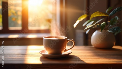 warm cup of coffee sits on a wooden table with sunlight streaming through the window in a cozy room