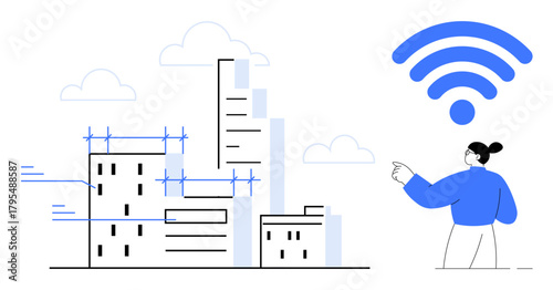 Modern city skyline under construction, wireless signal symbol overhead, individual gesturing. Ideal for smart city, technology, internet, connectivity, innovation, planning digital infrastructure