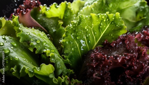 a closeup of fresh vibrant lettuce and kale leaves covered in water droplets showcasing their textures and colors