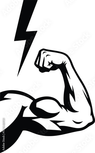 Black and White Vector Icon of Flexed Arm with Lightning Bolt Representing Strength and Energy
