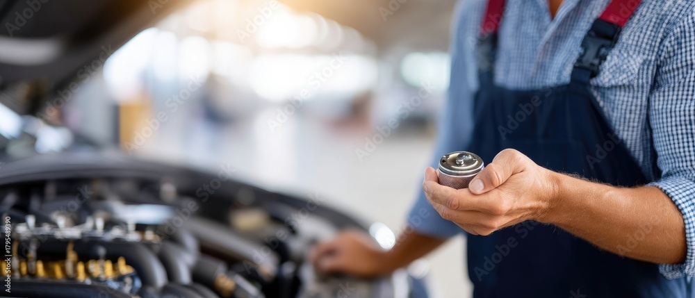 Naklejka premium Car mechanic holds battery while repairing engine, illustrating importance of maintenance at auto service center
