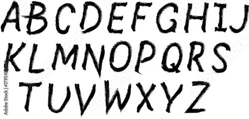 Handwritten alphabet letters in a rough distressed and slightly spooky font on a white background