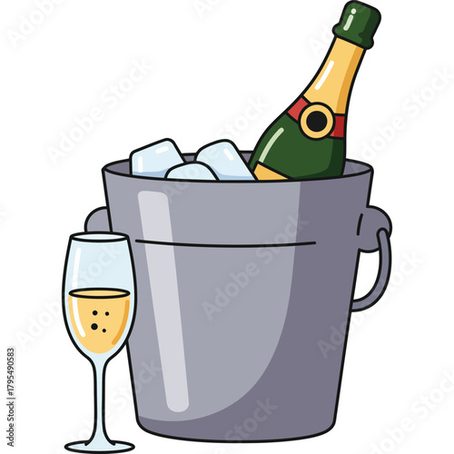 Champagne bottle in ice bucket with glass illustration celebration alcohol drink wine sparkling party event occasion