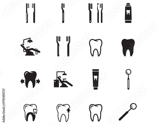Collection of dental hygiene and dental equipment icons