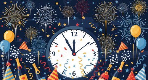 Festive New Year's Eve celebration with vibrant fireworks, party hats, and champagne bottles, ready to ring in the new year with joy and anticipation as the clock strikes midnight