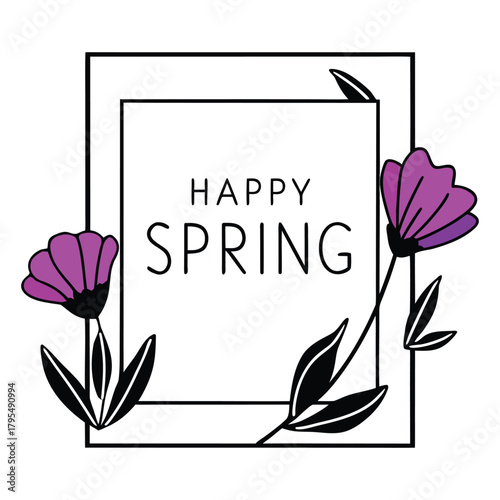 “Happy Spring” greeting vector with blooming flowers and fresh leaves in a modern flat outline style. Great for seasonal prints, social posts and greeting cards.