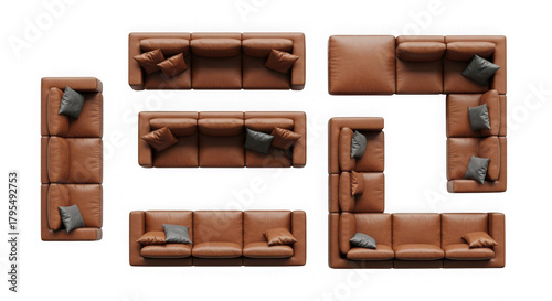 Top view of brown leather sofa set, , for interior