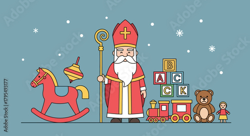 Celebrate Sinterklaas with a whimsical collection of toys, including a rocking horse and alphabet blocks, bringing holiday cheer to your designs this season
