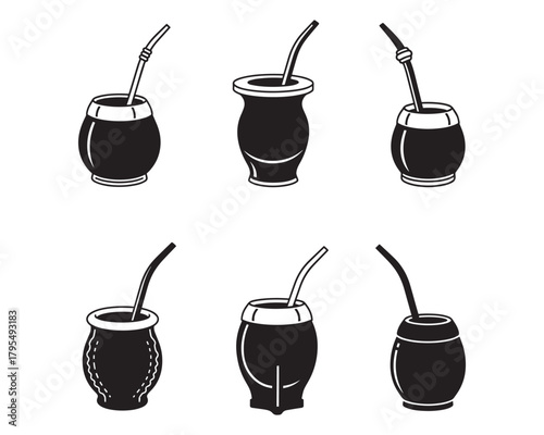 Mate Gourd Illustrations Set Black and White Vector Art