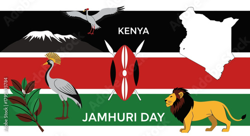 Celebrate Jamhuri Day with vibrant illustrations of Kenya's iconic wildlife, majestic Mount Kenya, and national symbols for a culturally rich and visually stunning design perfect for patriotic themes