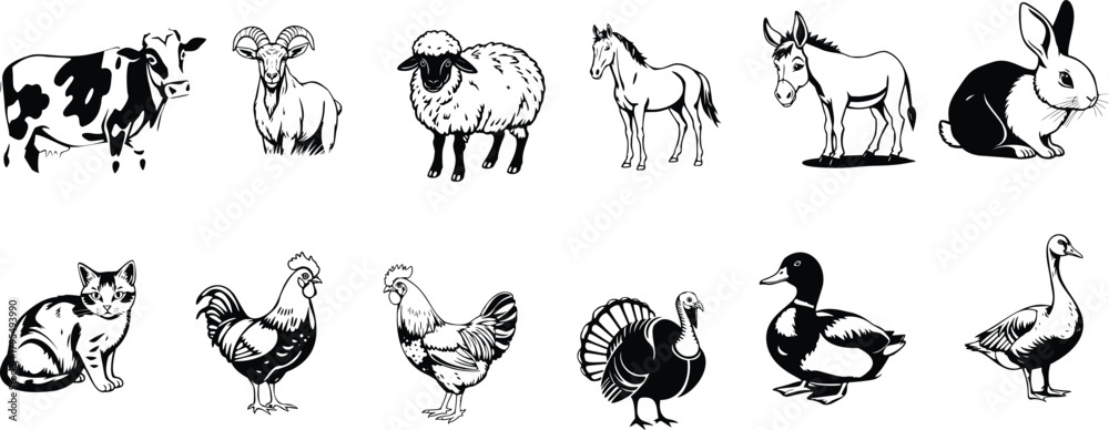 Obraz premium Assortment of farm animals including cow, sheep, horse, donkey, rabbit, cat, chicken, turkey, duck, and goose on transparent background