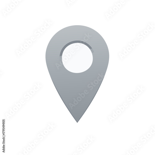Gray location pin icon with subtle shading indicating depth on a clean white background