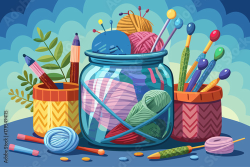 A jar with a knitted cover that holds various knitting needles and crochet hooks, a cozy craft supplies arrangement, a creative yarn entertainment concept, and a warm decoration scene of textile craft