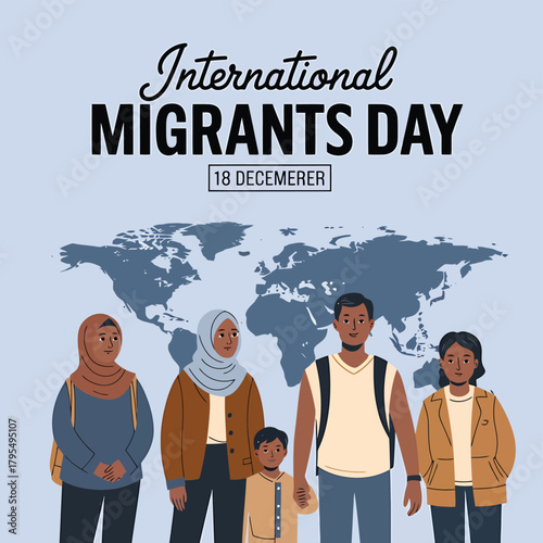 International migrants day illustration showing a diverse group of people and a child standing in front of a world map, representing global migration and unity on december 18