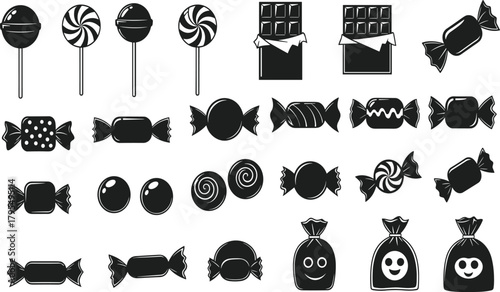 WebMonochrome Candy and Sweet Treats Vector Icons Set, Featuring Lollipops, Chocolate Bars, Wrapped Candies, and Gumballs, for Bakery and Holiday Design.
