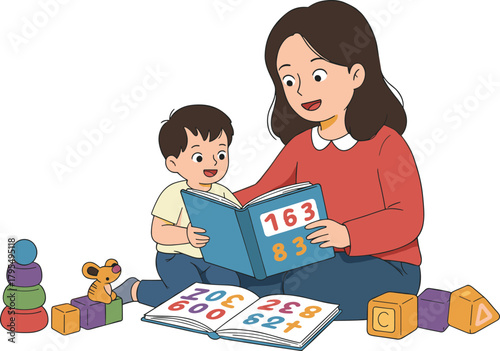 Mother teaching her child numbers, learning together at home, reading educational books, early childhood education, family bonding, preschool learning fun