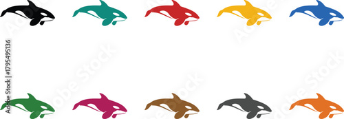 Colorful orca whale icons in leaping pose killer whale, Multicolor killer whale silhouettes jumping