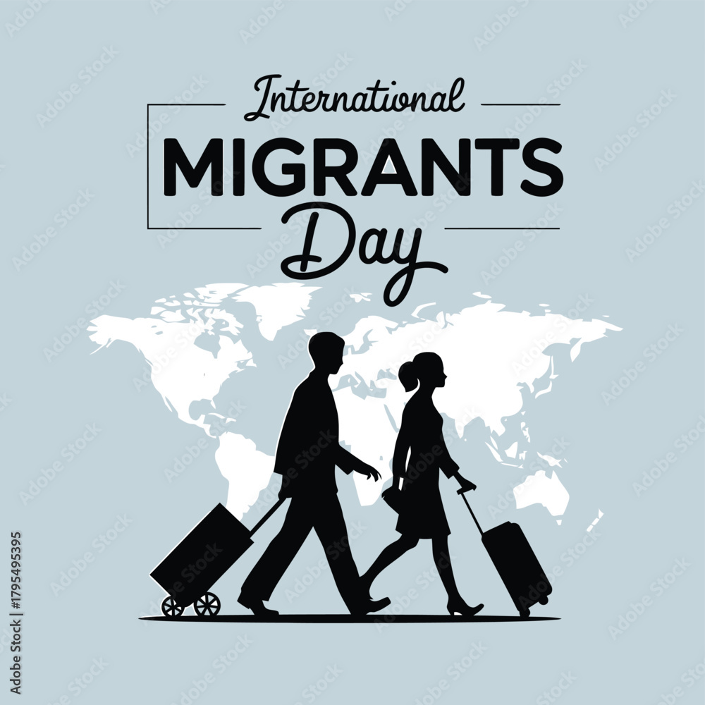 Obraz premium International migrants day graphic with a world map background and silhouettes of a man and woman pulling suitcases, representing global migration and travel