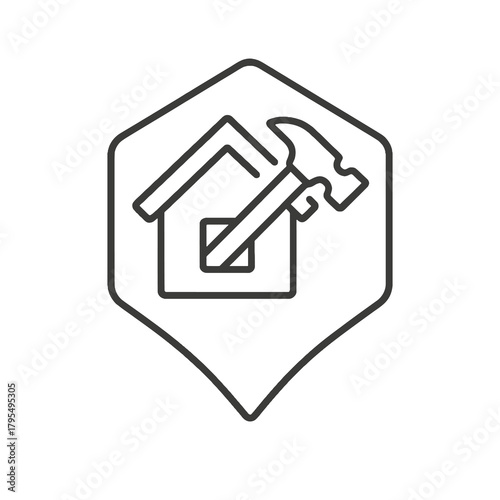 Thin line renovation house icon inside hexagon pin, black vector symbol for property repair, home improvement, and maintenance services.