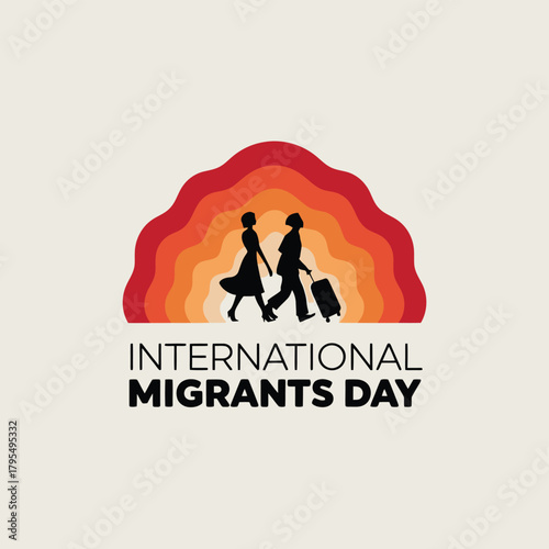 International migrants day concept with silhouettes of a couple walking with luggage against a backdrop of colorful wavy lines symbolizing a sunset or sunrise, representing journey and hope