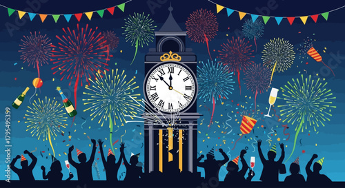 Ring in the New Year with Vibrant Fireworks and Festive Silhouettes Celebrating Under a Grand Clock Tower, Perfect for Holiday Promotions and Joyful Event Invitations
