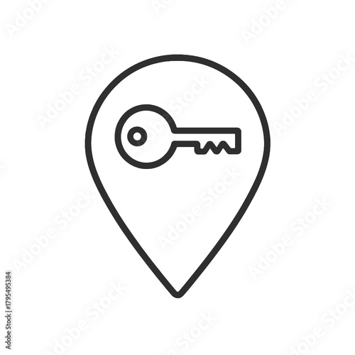 Minimalist property key icon in map marker shape, black outline vector for real-estate apps, tenant services, and housing platforms.