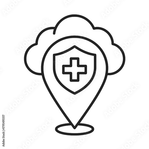 Minimalist medical shield icon in a rounded cloud marker, black outline vector for health policy, insurance programs, and social welfare platforms.
