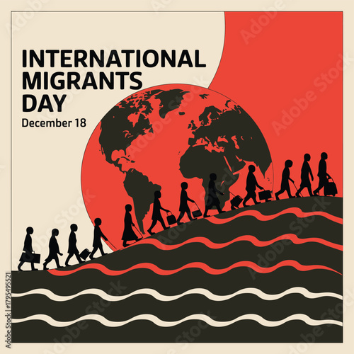 International migrants day, december 18, illustrated with a globe and a line of migrating people walking uphill, symbolizing global migration and displacement
