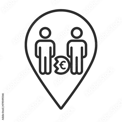 Minimalist broken-coin and people icon in a cloud-shaped marker, black outline vector for poverty studies, social programs, and public support tools.