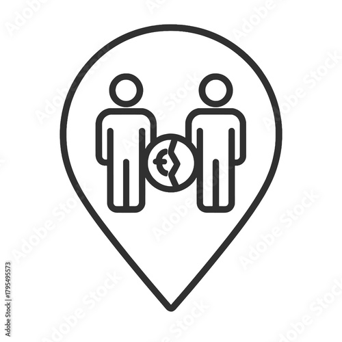 Thin line poverty symbol icon inside cloud pin, black vector representing economic vulnerability, social inequality, and welfare analysis.