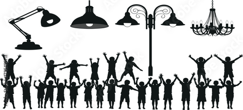 Silhouettes of Happy Jumping Children Under Various Lighting Fixtures, Representing Joy, Energy, Playtime, Education, Illumination, and Youthful Excitement Vector.