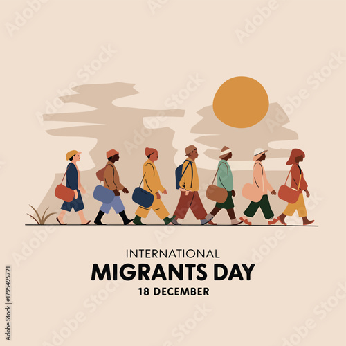International migrants day illustration showing a diverse group of people walking together with bags under a large sun, symbolizing migration and global movement