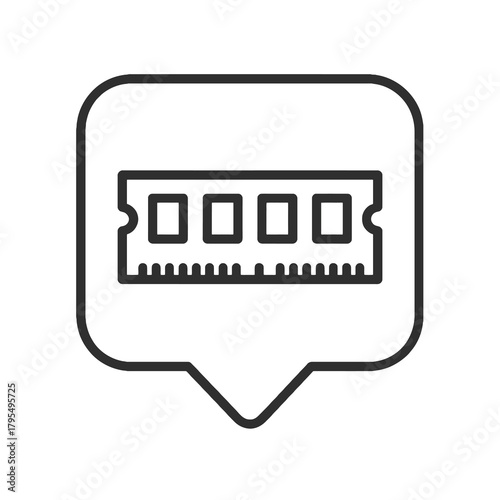 Thin line RAM module icon inside square pin, black vector symbol representing memory hardware, computer performance, and system components.
