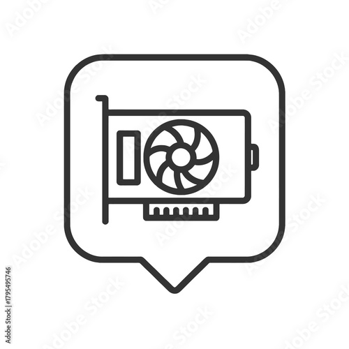 Thin line graphics card icon inside square pin, black vector symbol representing GPU hardware, performance computing, and PC components.