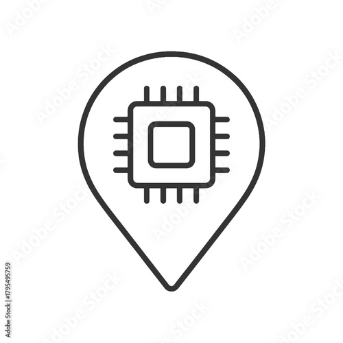 Minimalist processor chip icon in a square location marker, black outline vector for hardware catalogs, tech interfaces, and IT systems.