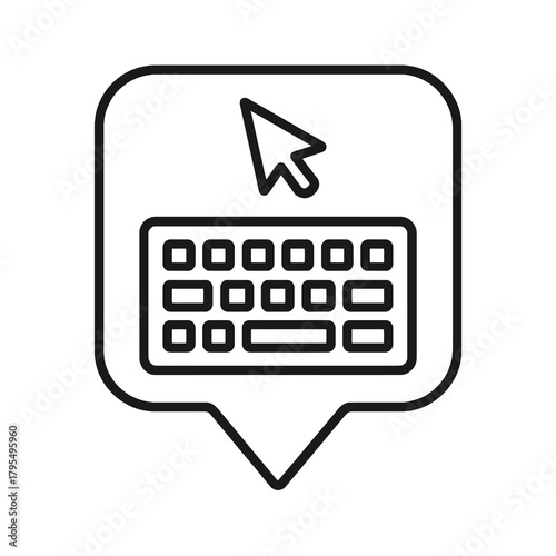 Minimalist typing keyboard icon in a square location marker, black outline vector for language learning apps, translation input, and communication tools.