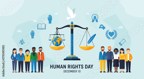 Celebrate Human Rights Day on December 10 with diverse people, promote global equality, and inspire change for a more just world, featuring scales, globe, and symbols of peace